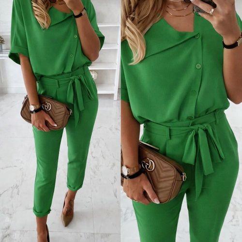 Kadın Kısa Kollu Yakalı önden Düğmeli Bürümcük Bluz Ve Pantolon Ikili Takım