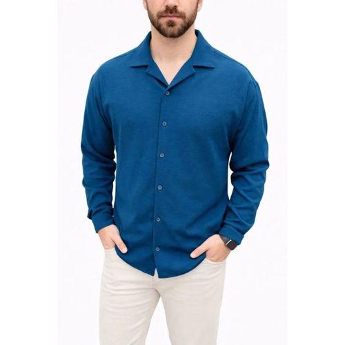 Erkek Aerobin Kumaş Oversize 4 Mevsim Uzun Kollu Rahat Kalıp Gömlek - İndigo