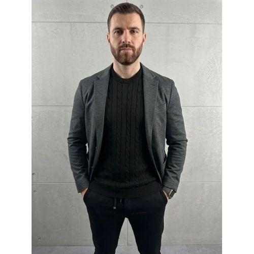 Erkek Yazlık Triko Dokuma Tişört Kısa Kol Bisiklet Yaka Örgü Desenli T-Shirt - Siyah