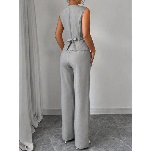 Kadın Askılı önden Düğmeli Bluz Ve Pantolon Keten Ikili Takım