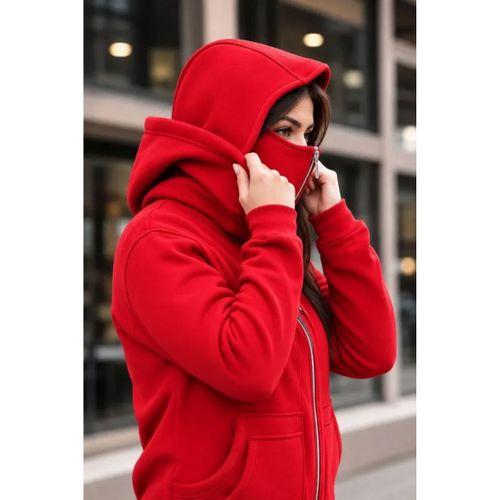 Maskeli Ninja Model Çift Kapüşonlu 3 İplik Şardonlu Fermuarlı Oversize Sweatshirt - Kırmızı