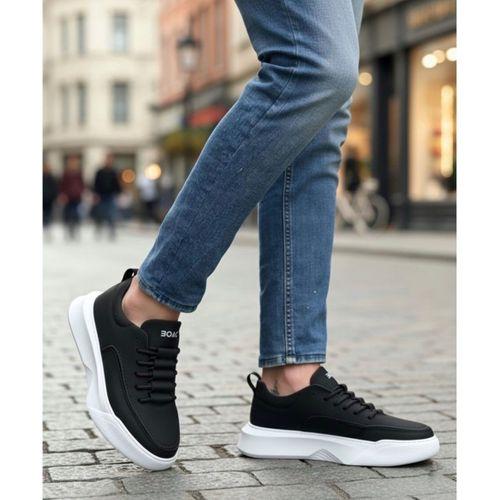 BA0332 Merdiven Desen Bağcıklı Erkek Yüksek Taban Siyah Cilt Beyaz Taban Spor Ayakkabı