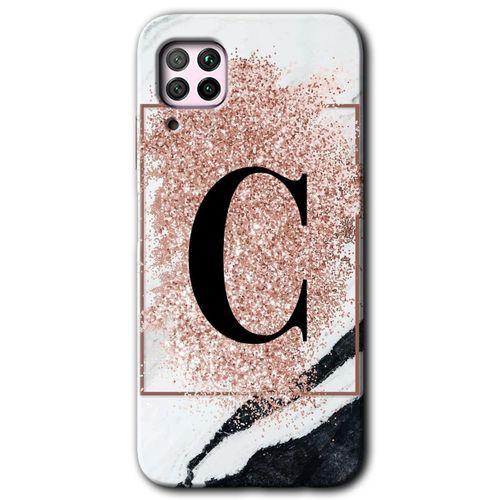 Huawei P40 Lite Kılıf Baskılı Kapak - Pembe Mermer Desenli C Harfi + 5D Tam Kaplayan Cam