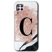 Huawei P40 Lite Kılıf Baskılı Kapak - Pembe Mermer Desenli C Harfi + 5D Tam Kaplayan Cam