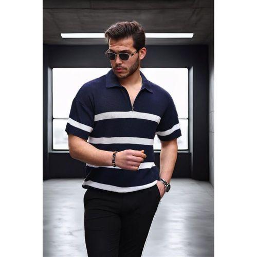 Yarım Fermuar Çizgili Oversize Triko T-Shirt - Lacivert