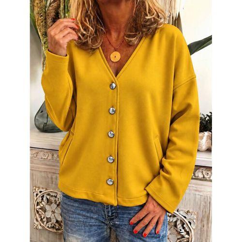 Kadın Düğme Detaylı V Yaka Oversize Hardal Sarısı Ceket / Hırka