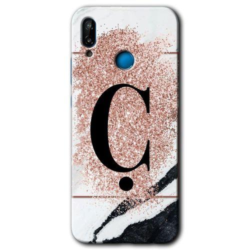 Huawei P20 Lite Kılıf Baskılı Kapak - Pembe Mermer Desenli Ç Harfi + 5D Tam Kaplayan Cam