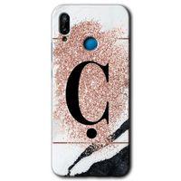 Huawei P20 Lite Kılıf Baskılı Kapak - Pembe Mermer Desenli Ç Harfi + 5D Tam Kaplayan Cam
