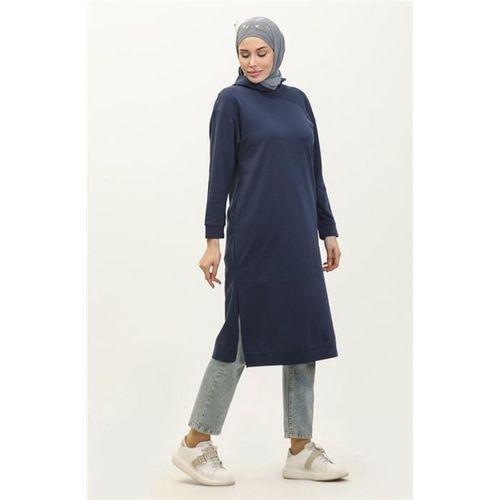 Atlas Kapşonlu Uzun Sade Basic Sweatshirt - 03007.006 - İndigo