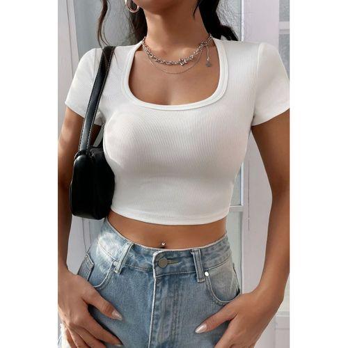 Kadın Beyaz Şık Kesim Düz Yaka Crop Top Bluz