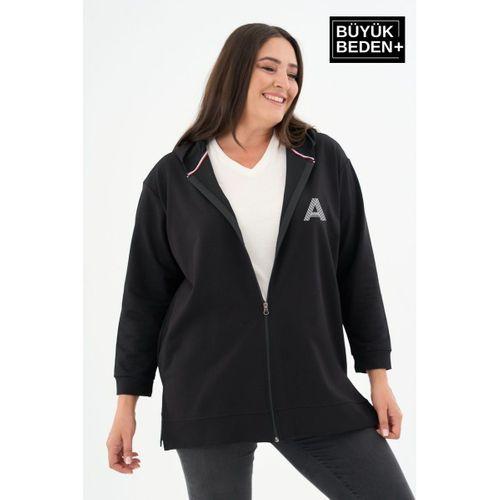Kadın Tunik Büyük Beden A Baskılı Fermuarlı Kapşonlu Sweat Hırka SPR26BTK955-1