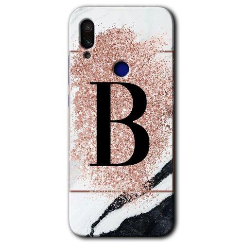 Redmi Note 7 Kılıf HD Desen Baskılı Arka Kapak - Pembe Mermer Desenli B Harfi + Kırılmaz Cam