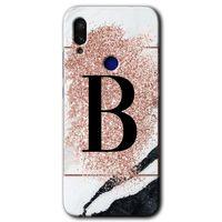 Redmi Note 7 Kılıf HD Desen Baskılı Arka Kapak - Pembe Mermer Desenli B Harfi + Kırılmaz Cam