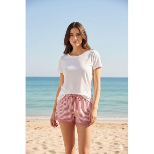 Çizgili Penye Kadın Ev Şortu Bacak Dantel Detaylı Ev Giyim Fuşya