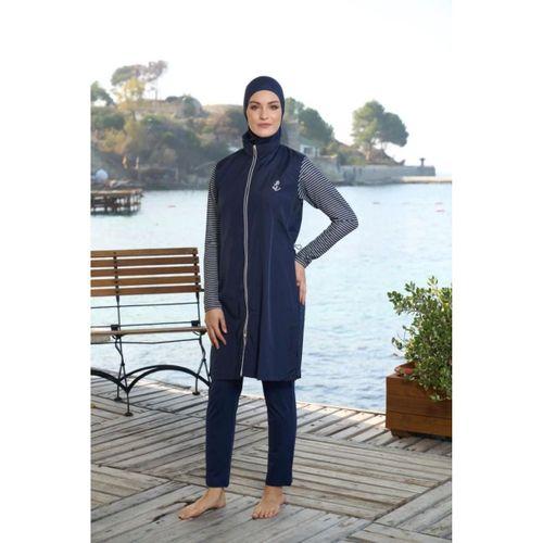 Estiva 25950 Lacivert Marin Fermuarlı Desenli Tam Boy Tesettür Mayo