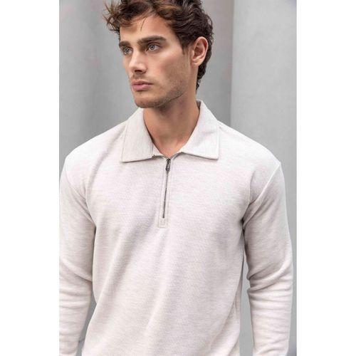 Eric Relax Fit Yarım Fermuarlı Polo Yaka Selanik Kumaş Erkek Sweatshirt - Taş