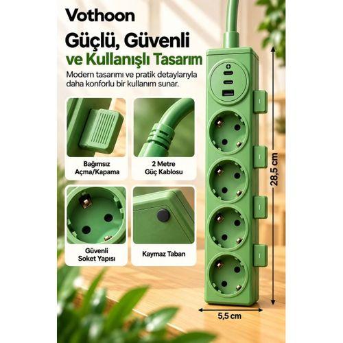 4’lü Akıllı Priz Tek Dokunuşla Fiş Çıkarma 2 Metre Kablo 2 Type-c + Usb 15w Hızlı Şarj 3680w