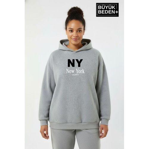 Kadın Büyük Beden Kapşonlu NY NewYork Baskılı ince Swatshırt SPR26BSWK957-15