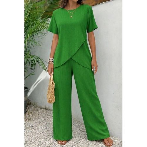 Kadın Kısa Kollu Bisiklet Yaka Asimetrik Kesim Detaylı Bürümcük Bluz Ve Pantolon Ikili Takım