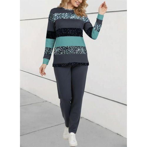 Kadın Uzun Kollu Bisiklet Yaka çizgili Desen Iki Iplik Bluz Ve Pantolon Ikili Takım