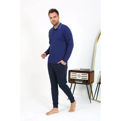 Erkek Polo Yaka Uzun Kol Penye Pijama Takımı Lacivert
