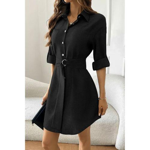 Kadın Uzun Kollu Yakalı önden Düğmeli Beli Kuşaklı Mini Ithal Keten Elbise
