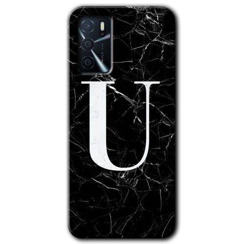 Oppo A16 Kılıf HD Desen Baskılı Arka Kapak + Temperli Cam - Siyah Mermer Desenli U Harfi