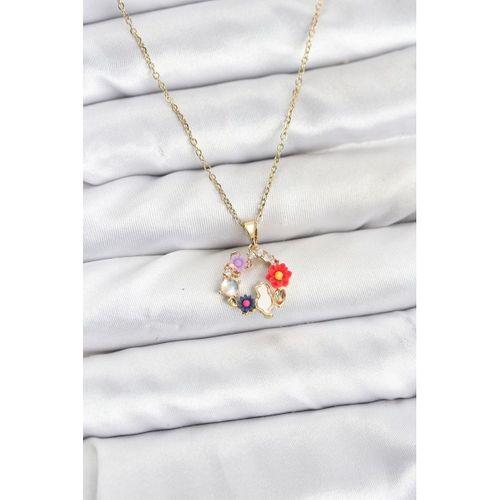 316L Çelik Zincir Gold Renk Çiçekli Kedili Model Kadın Kolye