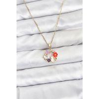 316L Çelik Zincir Gold Renk Çiçekli Kedili Model Kadın Kolye