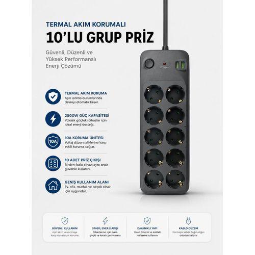 Termal Akım Korumalı Usb Type-c Girişli 10'lu Grup Priz 2500w Güç Kapasitesi  kopya