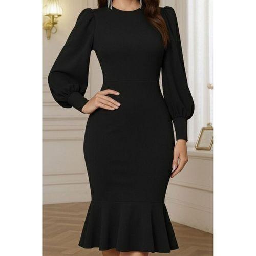 Kadın Uzun Kollu Yarı Balıkçı Yaka Etek Ucu Fırfır Detaylı Midi Ithal Krep Elbise