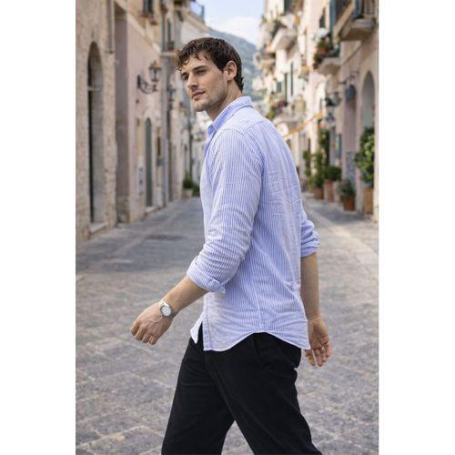 Dik Şerit Çizgili Flamlı Pamuk Gömlek - Mavi