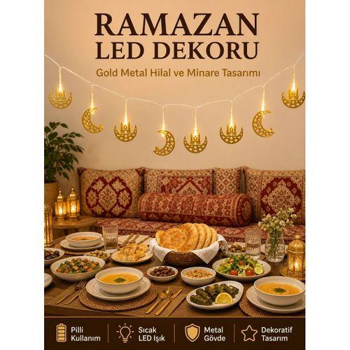 Minareli Hilal Led Işık Gold Metal Gövdeli Pilli Ramazan Dekoru