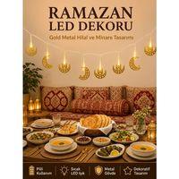 Minareli Hilal Led Işık Gold Metal Gövdeli Pilli Ramazan Dekoru