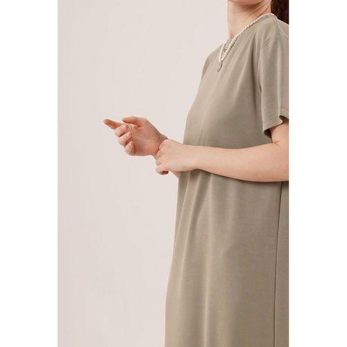 Yırtmaç Detaylı Kısa Kollu Salaş Maxi Yağ Yeşili Elbise