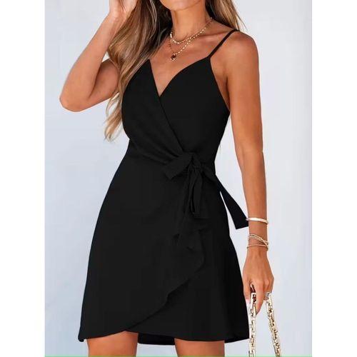 Kadın Ip Askılı Kruvaze Yakalı Belden Kuşaklı Kısa Janjan Krep Elbise