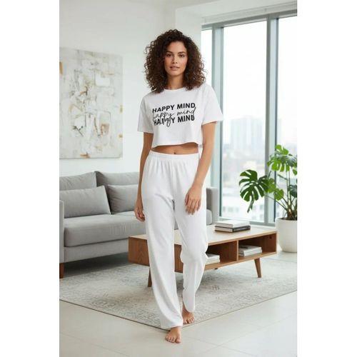 Kadın Beyaz Baskılı Crop T-shirt Pantolon Takım Rahat Günlük Kombin 2’li Set