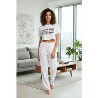 Kadın Beyaz Baskılı Crop T-shirt Pantolon Takım Rahat Günlük Kombin 2’li Set