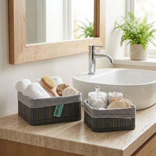 Kare Organizer Sepet - Bambu Kenarlı, Ahşap Taban, Bezli - 18x21 cm