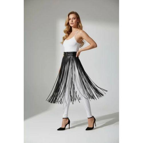 Siyah Etek Deri Uzun İnce Şerit Detaylı Etek - Brf1090