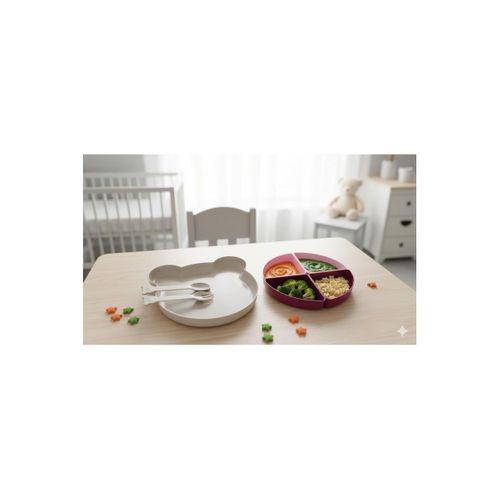Minik Ayıcık Beslenme Seti | Bölmeli Mama Tabağı & Çatal Kaşık Seti Pembe-Krem