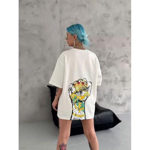 Pilelistore Unisex Bisiklet Yaka Baskılı Oversize T-Shirt - Beyaz