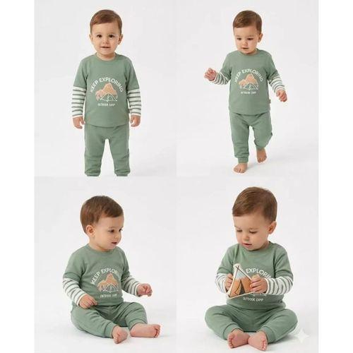 6/24 Ay Çizgili Kol Detaylı Baskılı Bebek Takımı