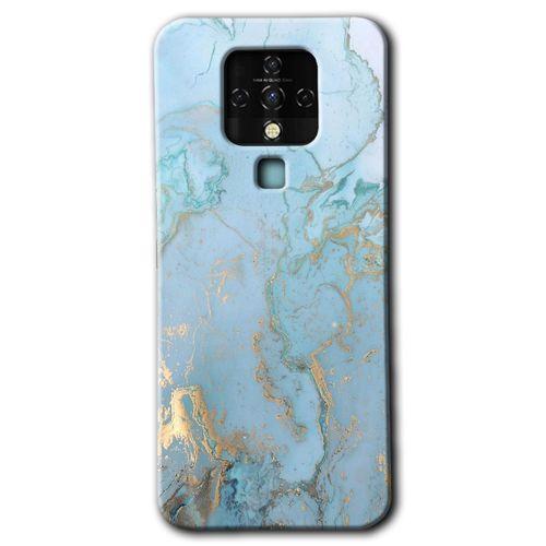 Tecno Camon 16 Kılıf HD Desen Baskılı Arka Kapak+Temperli Cam - Mavi Gold Mermer