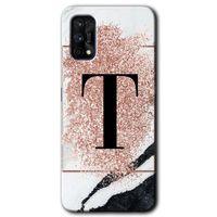 Realme 7 Pro Kılıf HD Desen Baskılı Arka Kapak - Pembe Mermer Desenli T Harfi + Kırılmaz Cam