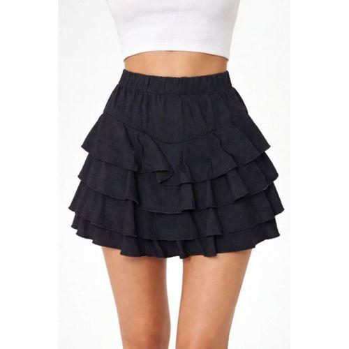 Siyah Katlı Mini Fırfıtlı Etek Lastikli Yüksel Bel, Volanlı Tasarım, Rahat Kalıp, Günlük Ve Şık Kombinelere Uygun Yazlık Etek - Siyah