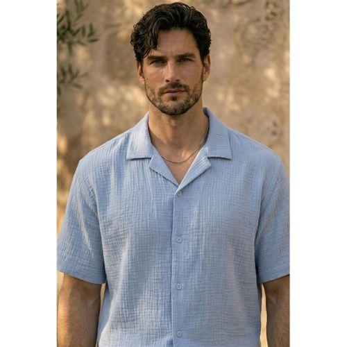 Yarım Oversize Apaş Yaka Kısa Kol Müslin Kumaş Erkek Gömlek - Buz Mavi