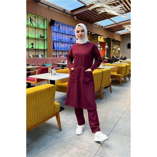 Önden İki Cepli Sade Basic Uzun Tunik Pantolon İkili Spor Takımı - 03067.009 - Bordo