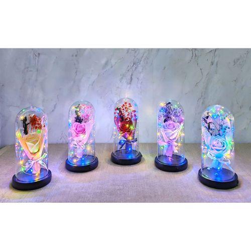 Işıklı  Müzkli Dekoratif Cam Fanus İçinde Gül