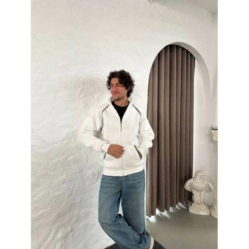 Erkek Oversize Dik Yaka Fermuarlı Sweatshirt - Zincir Nakışli Kanguru Cepli - Beyaz